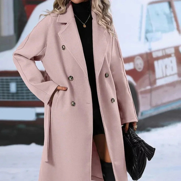 Casual Women's Lapel Neck Double Breasted Belted Jacket coat Dusty Pink - Picture 6 of 6